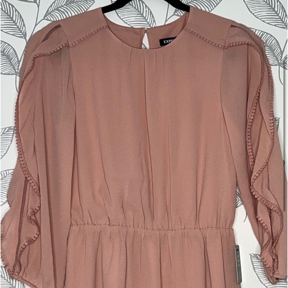 Express Chiffon Dress S Blush Pink NWT Ruffles Boho Flutter Sleeves Fitted Waist - Picture 3 of 10